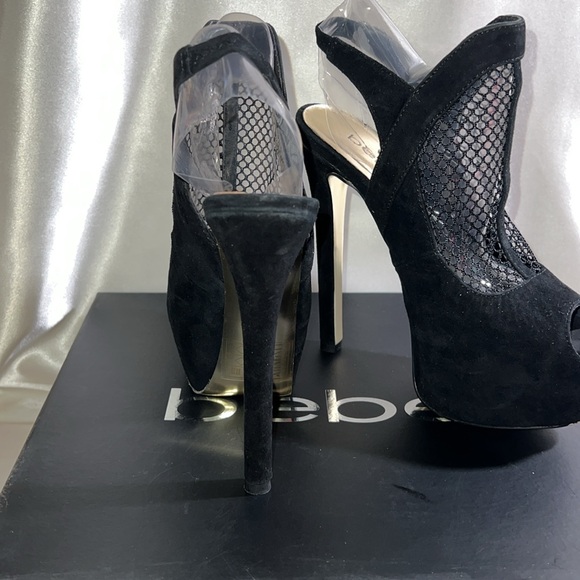 BEBE Suede 6 inch Open Toe Booties Size 6 in Black - Picture 3 of 4